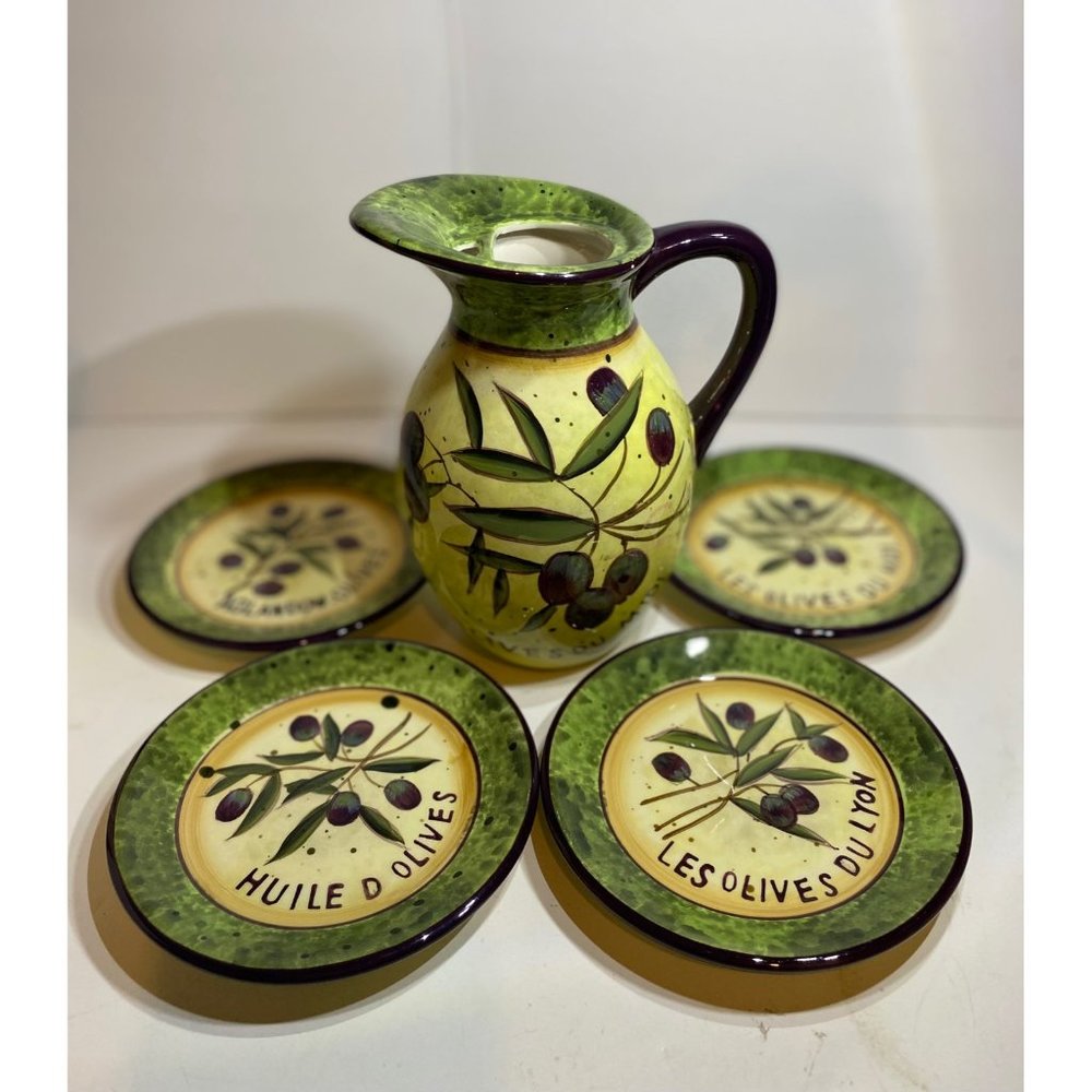 TUSCAN OLIVES SMALL PITCHER AND 4 PLATES by Certified International